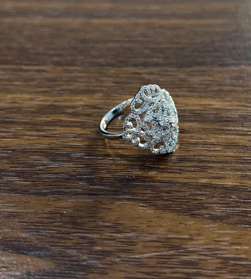 Diamonds Scroll Symbol Motifs Emblem Halo Set 18K White Gold Statement Ring