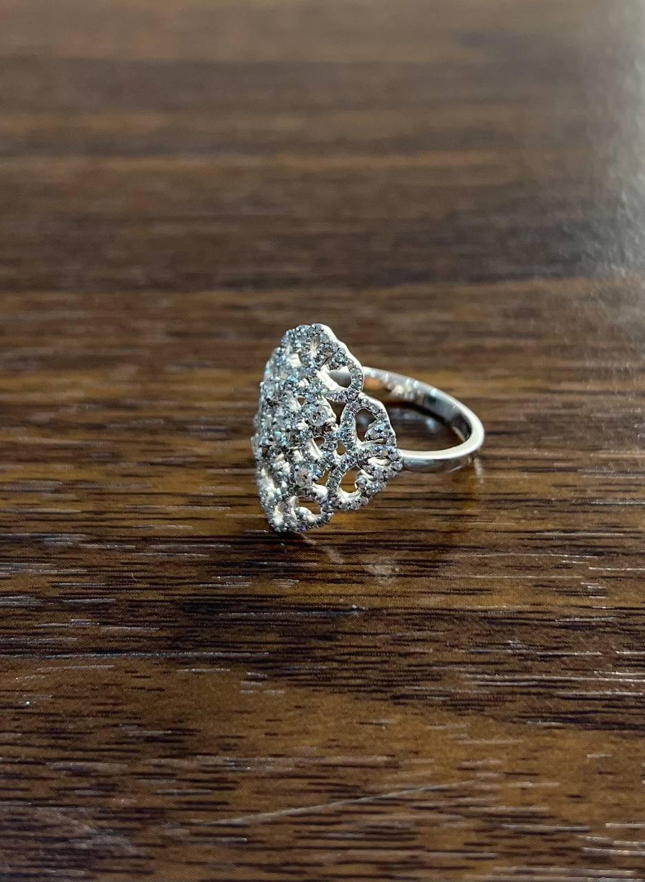 Diamonds Scroll Symbol Motifs Emblem Halo Set 18K White Gold Statement Ring