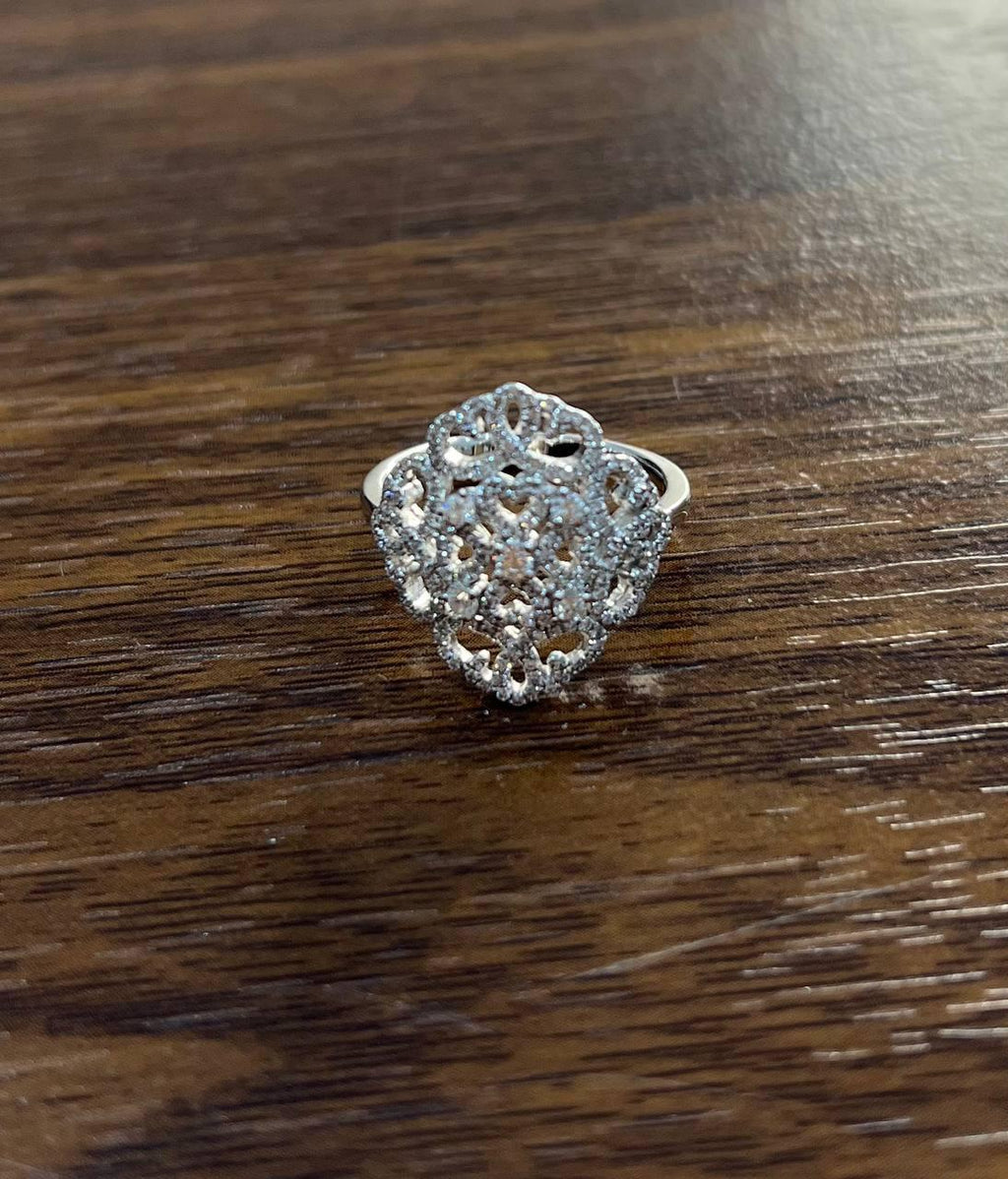 Diamonds Scroll Symbol Motifs Emblem Halo Set 18K White Gold Statement Ring