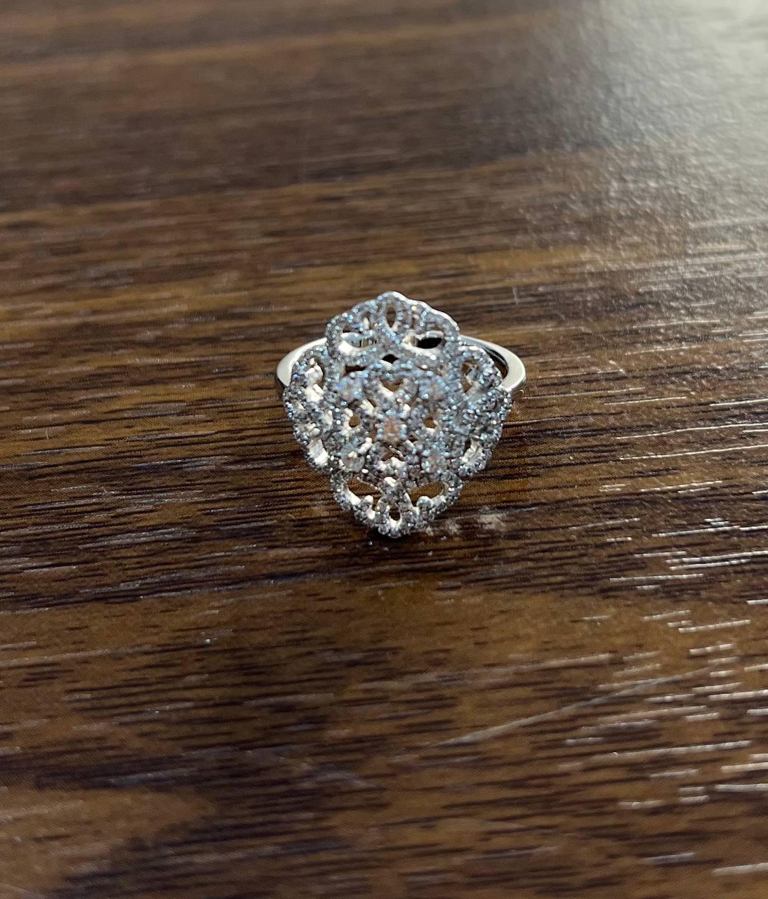 Diamonds Scroll Symbol Motifs Emblem Halo Set 18K White Gold Statement Ring