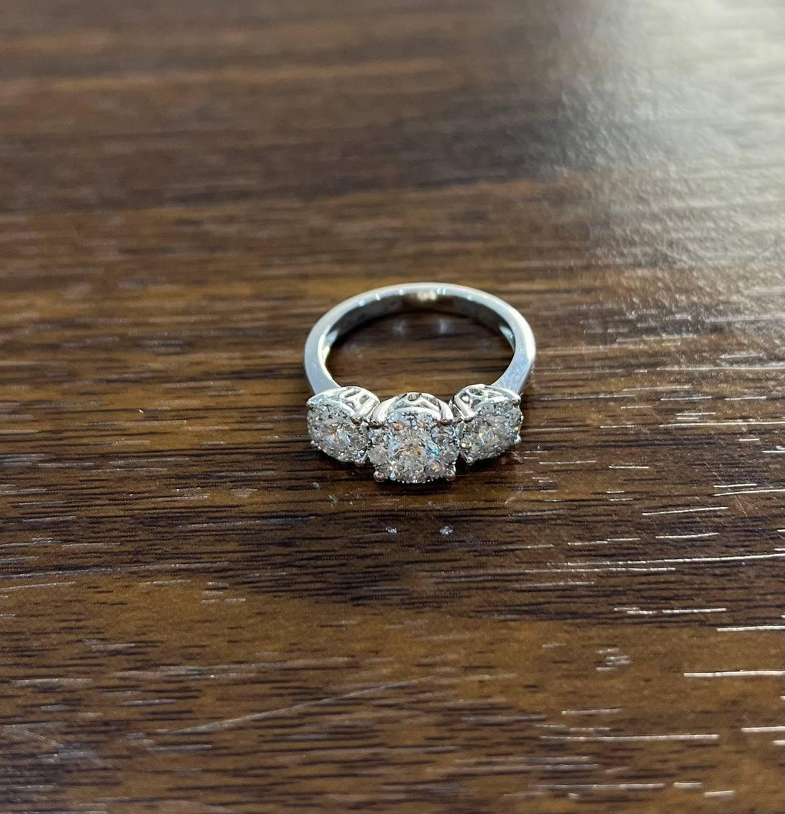 Diamonds Pave Set Round Cluster Halo 14K White Gold Statement Three Stone Ring