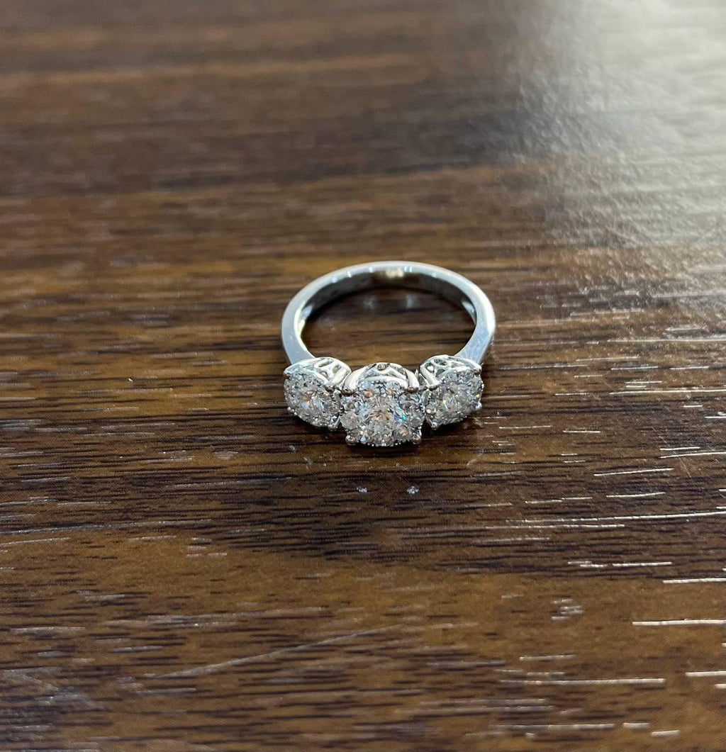 Diamonds Pave Set Round Cluster Halo 14K White Gold Statement Three Stone Ring