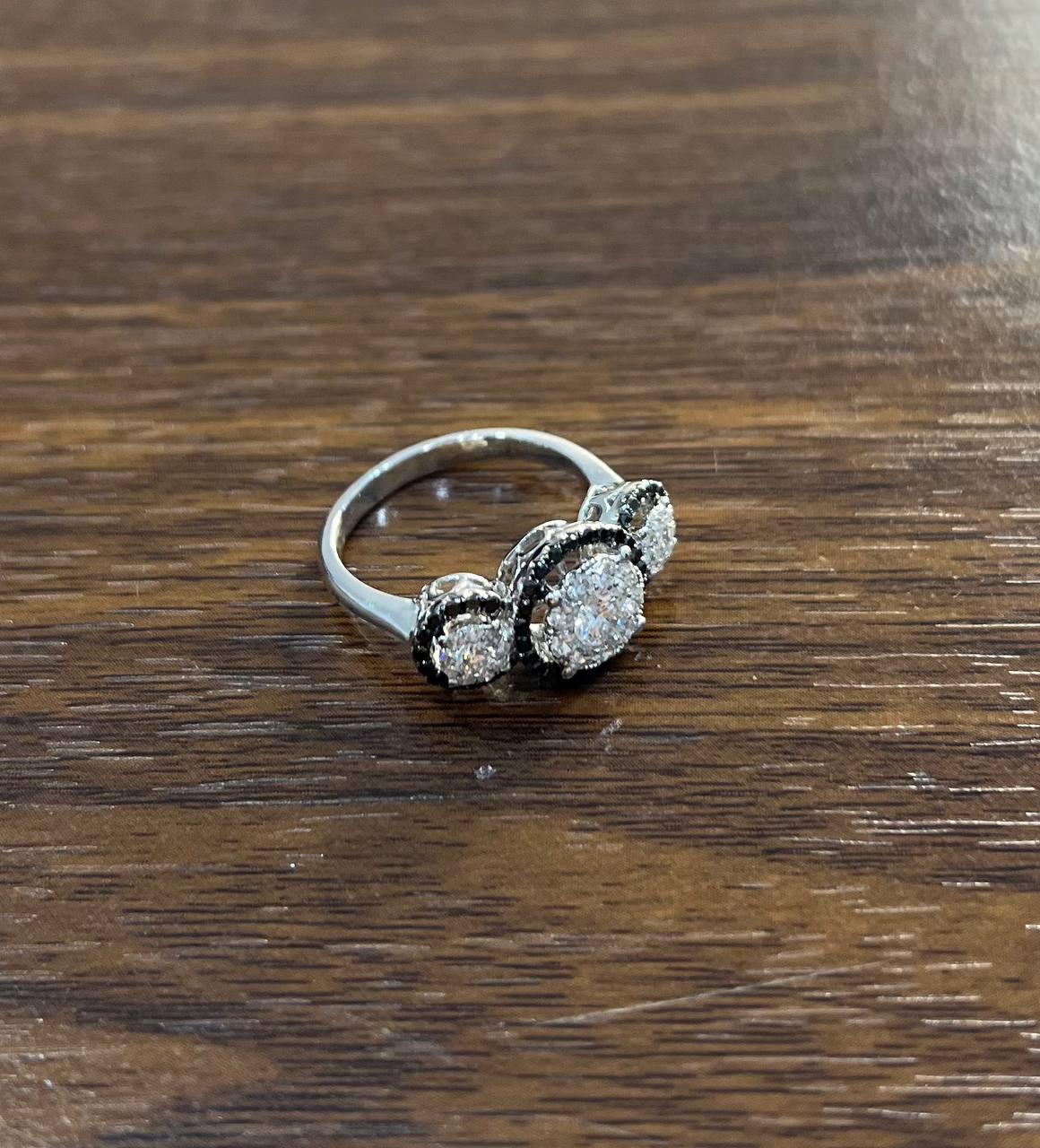 Diamonds Pave Set Round Cluster Black Diamonds Halo White Gold Three Stone Ring