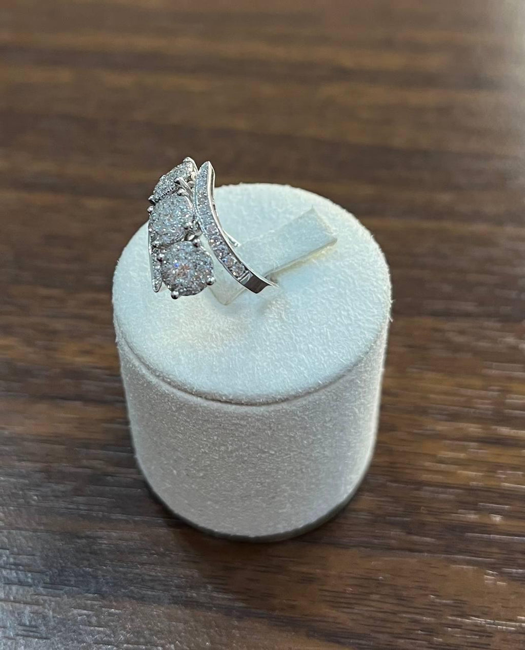 Diamonds Pave Set Round Cluster Halo 14K White Gold Statement Three Stone Ring