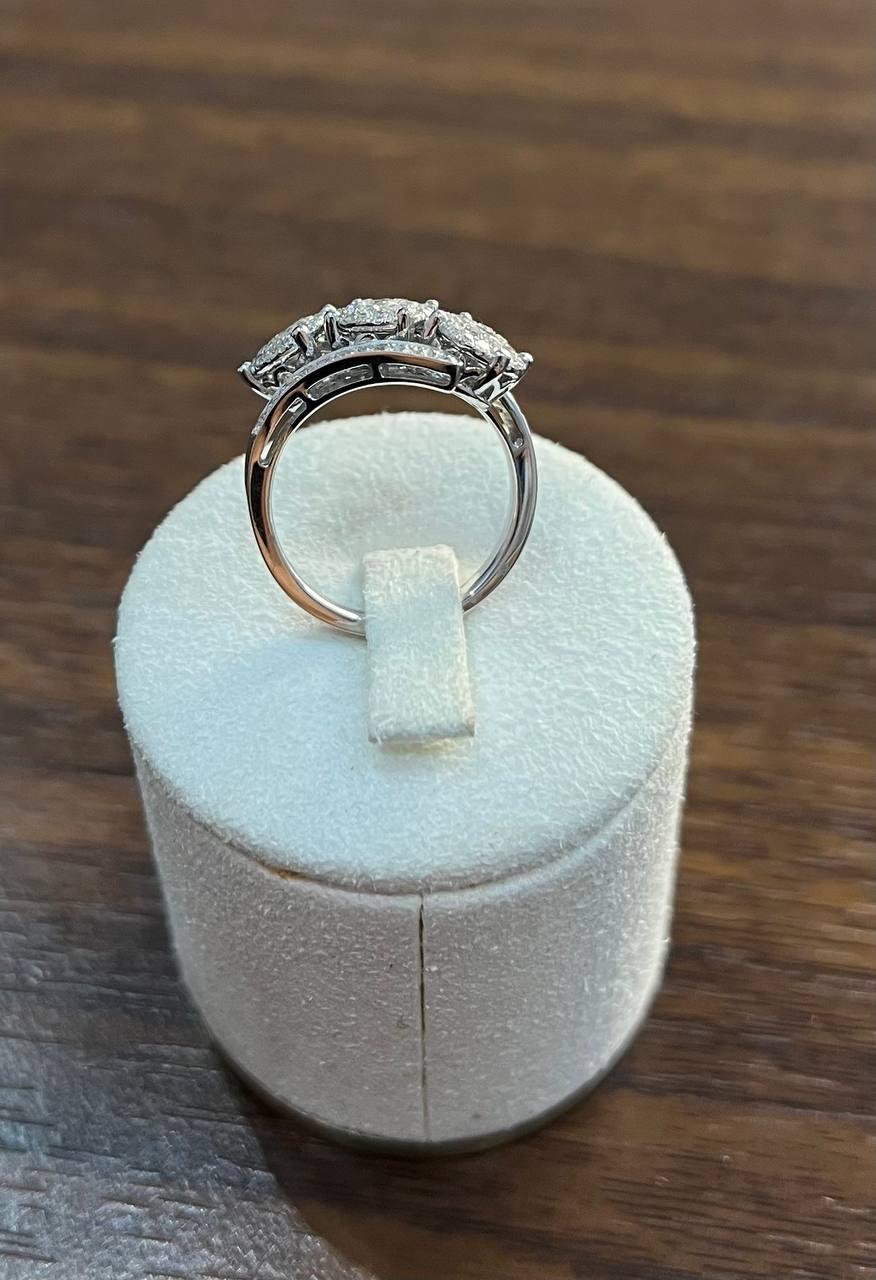 Diamonds Pave Set Round Cluster Halo 14K White Gold Statement Three Stone Ring