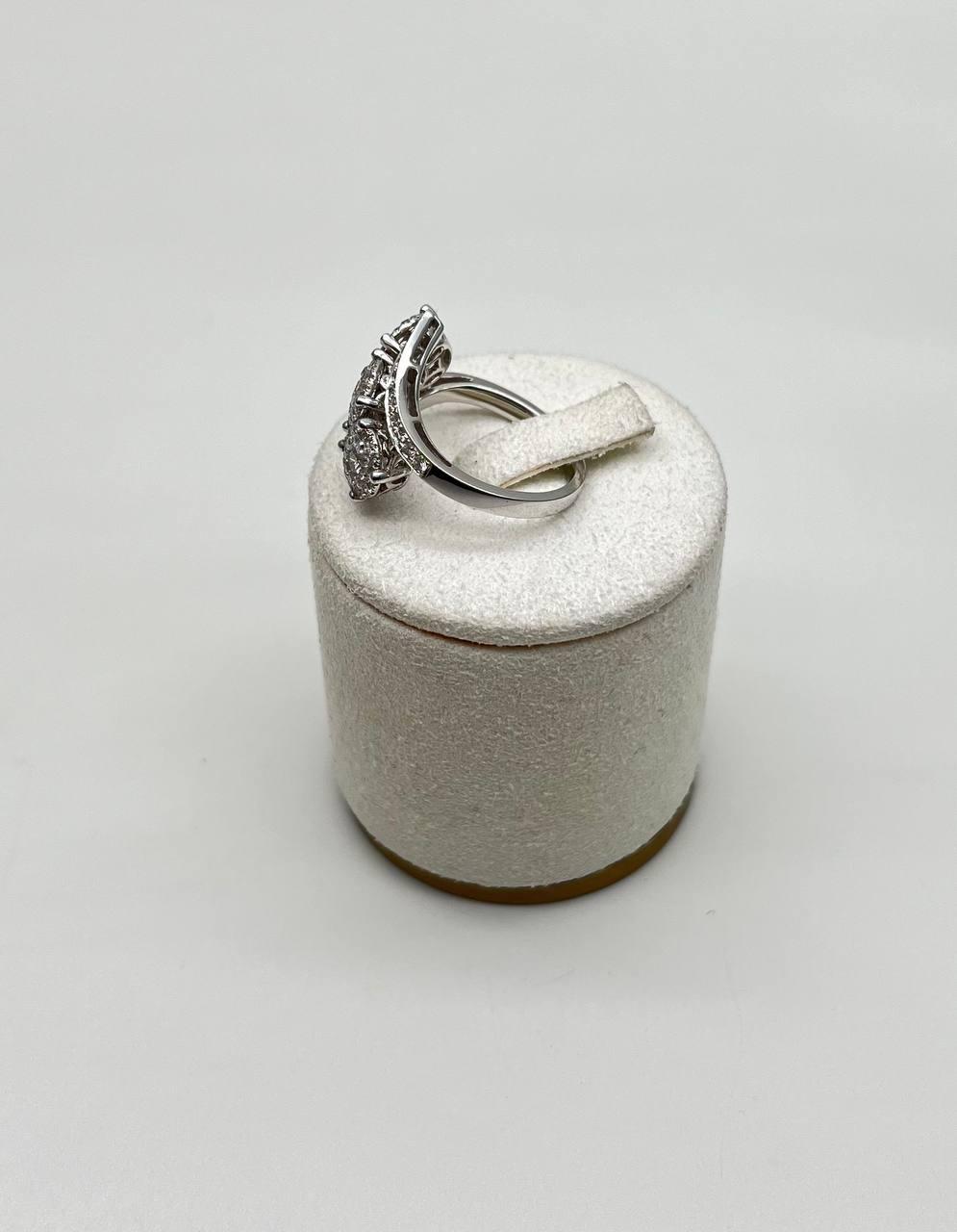Diamonds Pave Set Round Cluster Halo 14K White Gold Statement Three Stone Ring