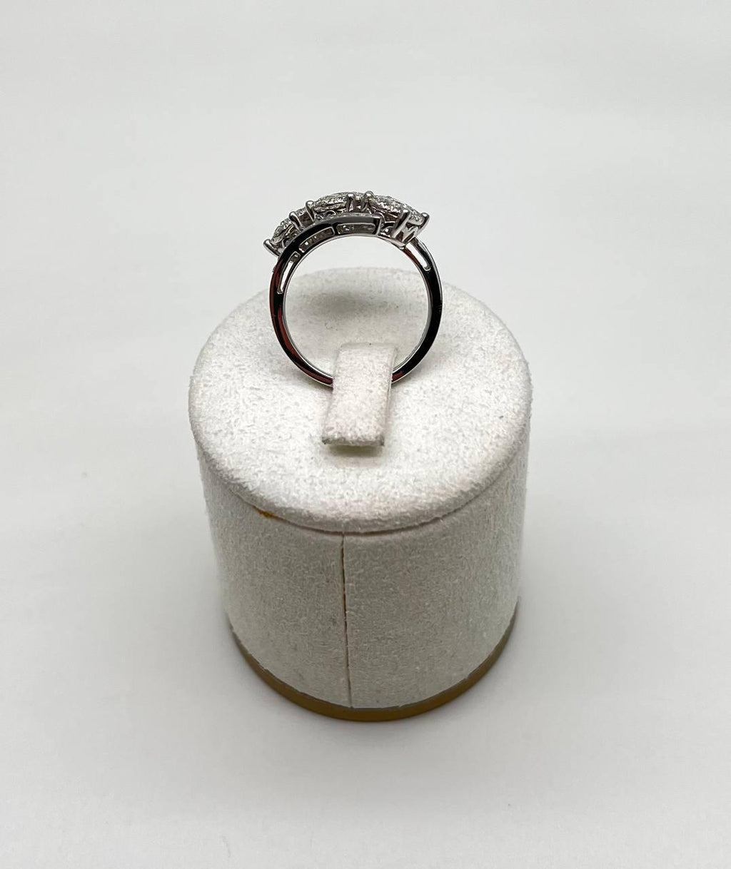 Diamonds Pave Set Round Cluster Halo 14K White Gold Statement Three Stone Ring