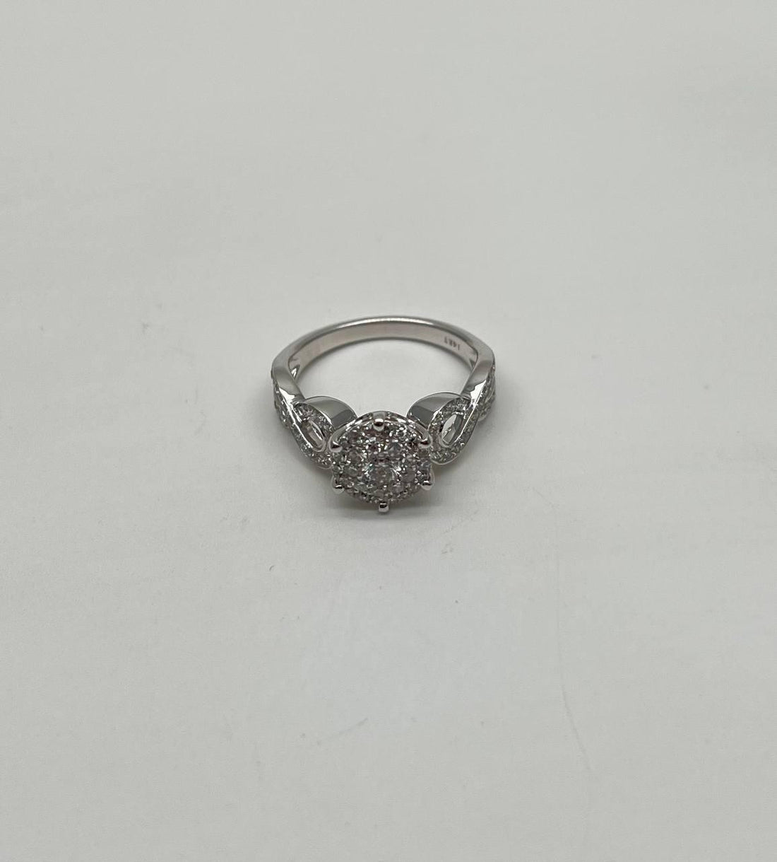 Diamonds Pave Set Cluster Round Halo Bypass Spiral 14K White Gold Statement Ring