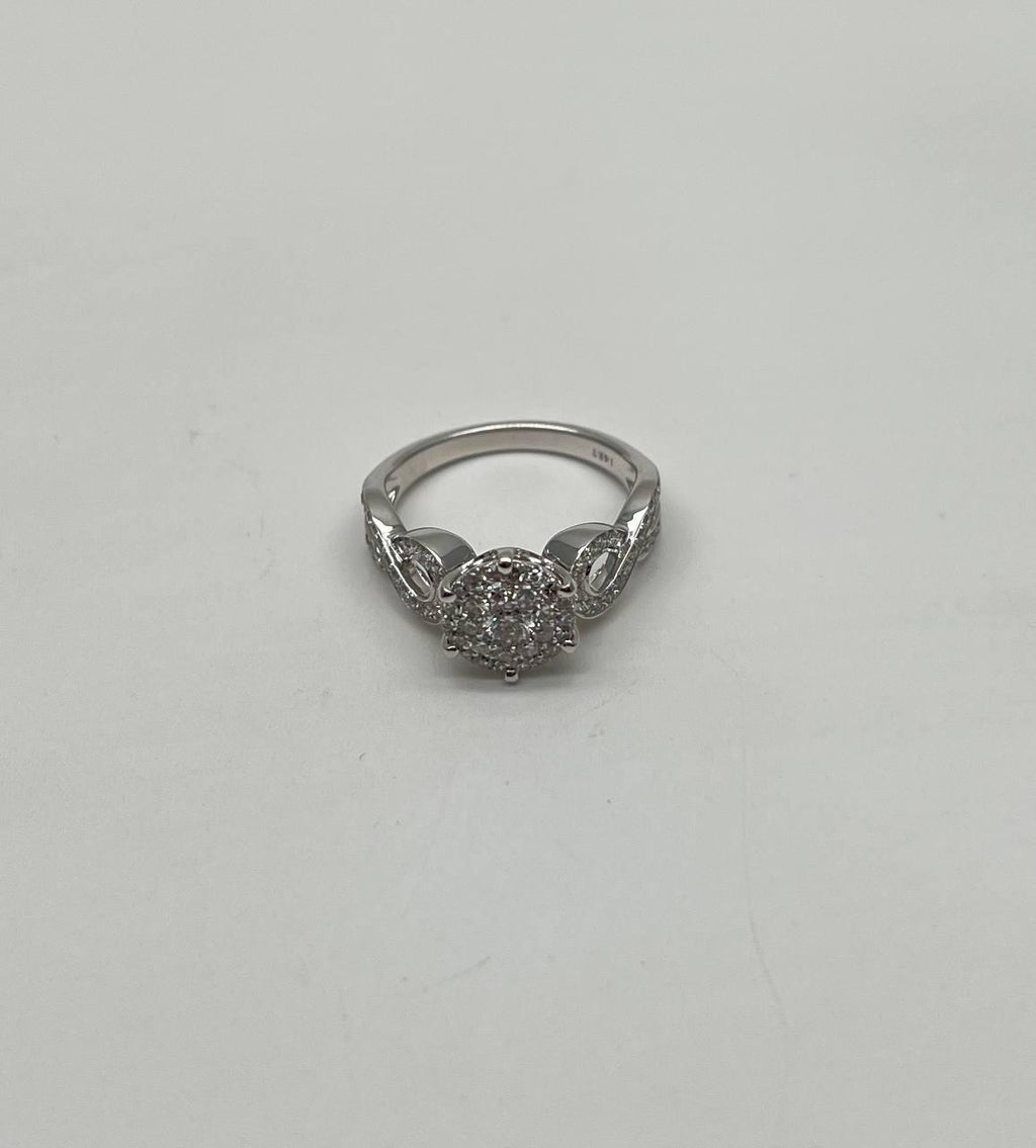 Diamonds Pave Set Cluster Round Halo Bypass Spiral 14K White Gold Statement Ring