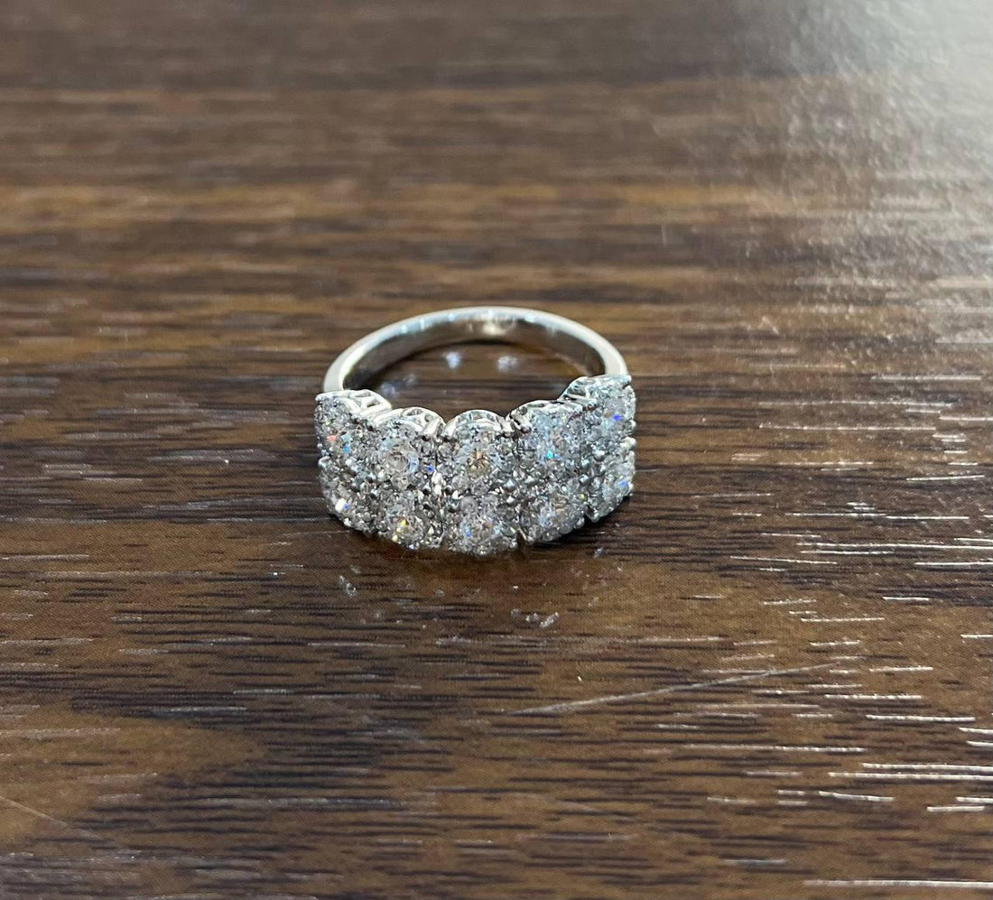 Diamonds Pave Set Round Cluster Halo White Gold Statement Double Row Band Ring