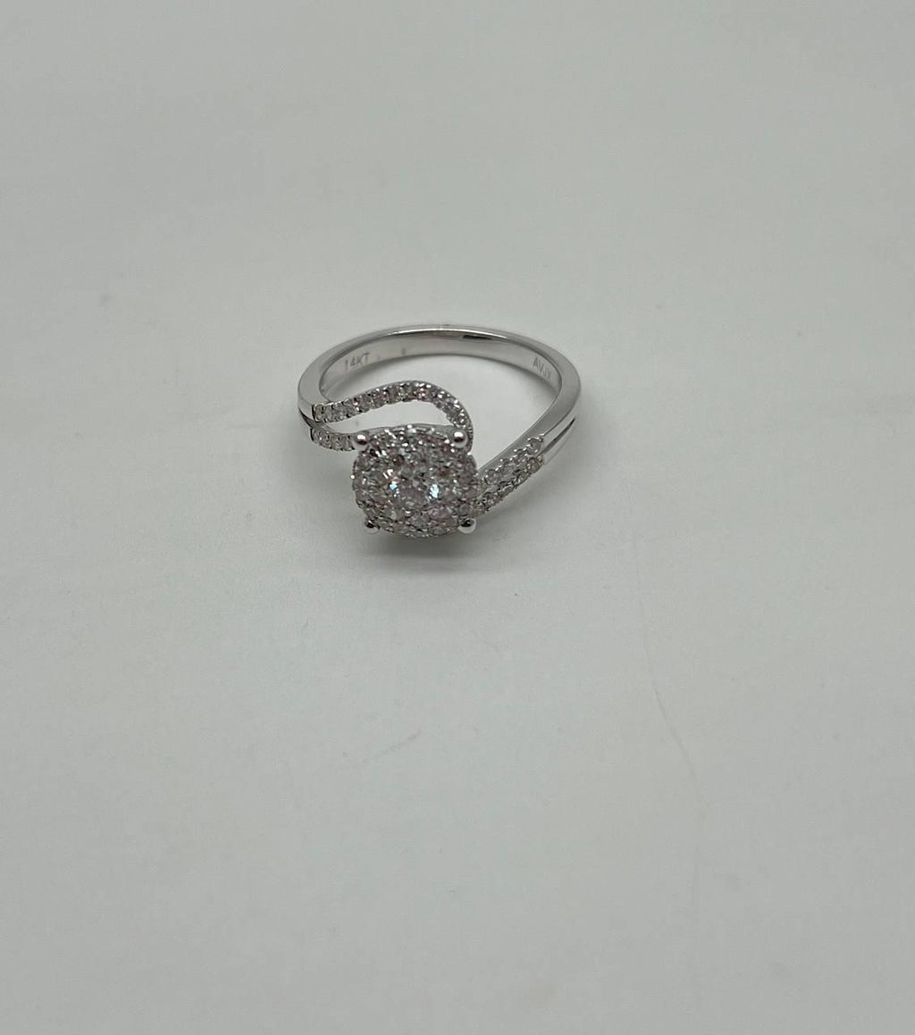Diamonds Pave Set Round Cluster Halo 14KWhite Gold Statement Bypass Spiral Ring
