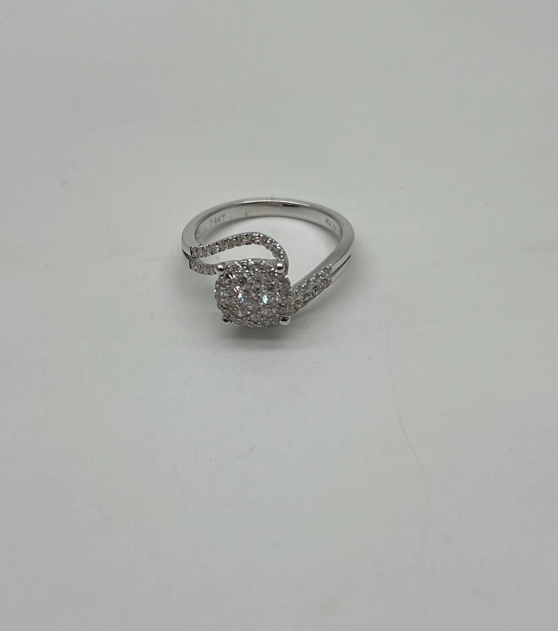 Diamonds Pave Set Round Cluster Halo 14KWhite Gold Statement Bypass Spiral Ring