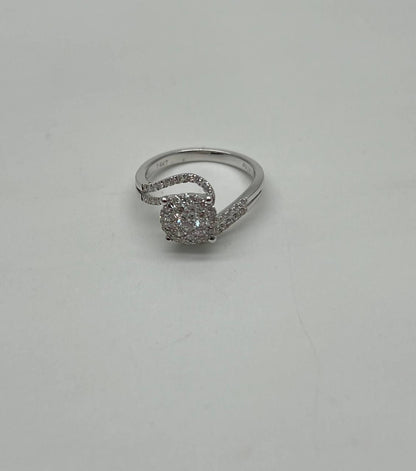 Diamonds Pave Set Round Cluster Halo 14KWhite Gold Statement Bypass Spiral Ring
