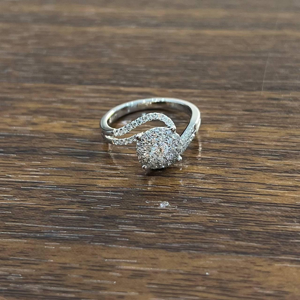 Diamonds Pave Set Round Cluster Halo 14KWhite Gold Statement Bypass Spiral Ring