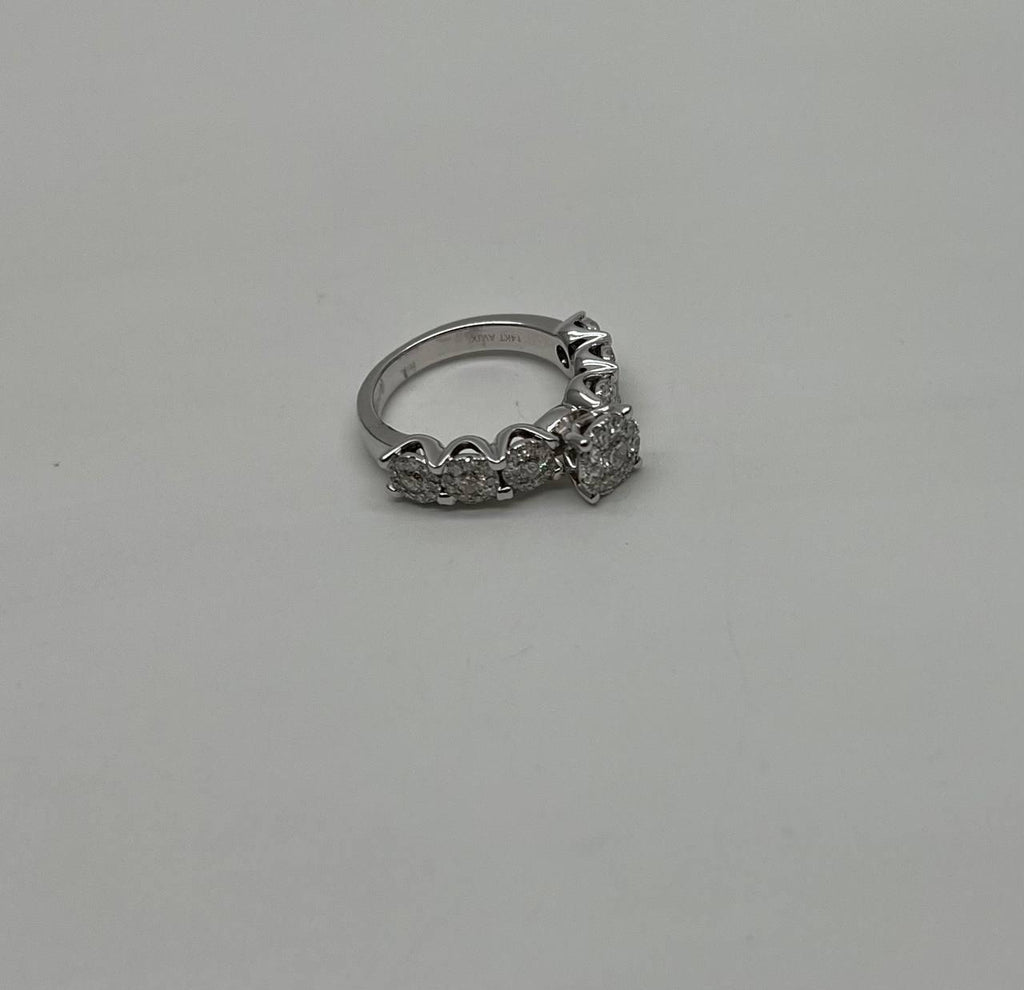 Diamonds Pave Set Cluster Halo Set 14K White Gold Statement Ring