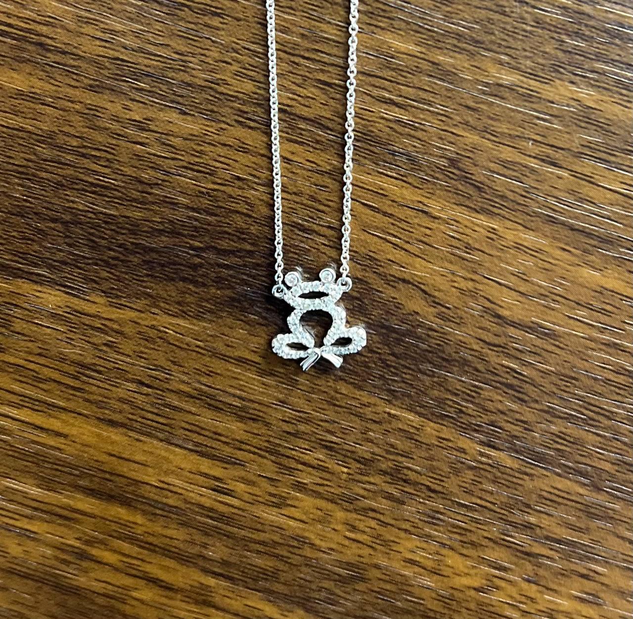 Frog Symbol Diamonds Halo Motif 18K Karat White Gold Pendant Chain Necklace