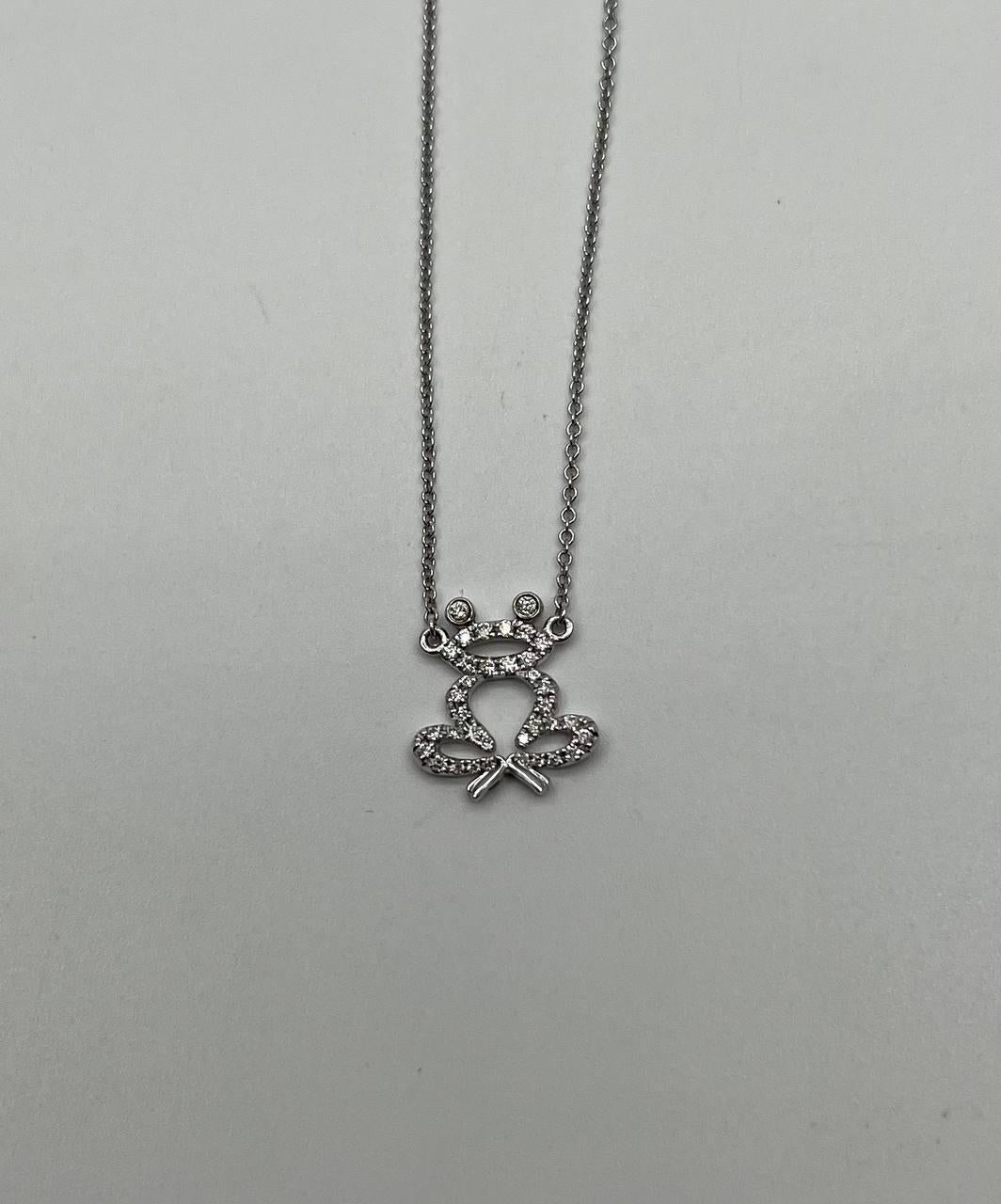 Frog Symbol Diamonds Halo Motif 18K Karat White Gold Pendant Chain Necklace