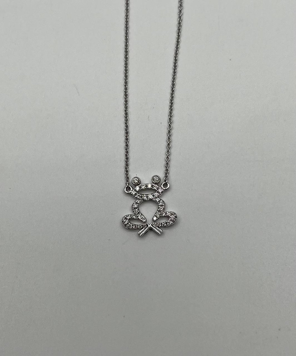 Frog Symbol Diamonds Halo Motif 18K Karat White Gold Pendant Chain Necklace