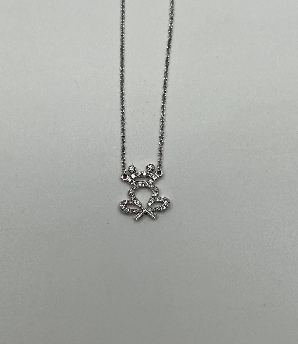 Frog Symbol Diamonds Halo Motif 18K Karat White Gold Pendant Chain Necklace