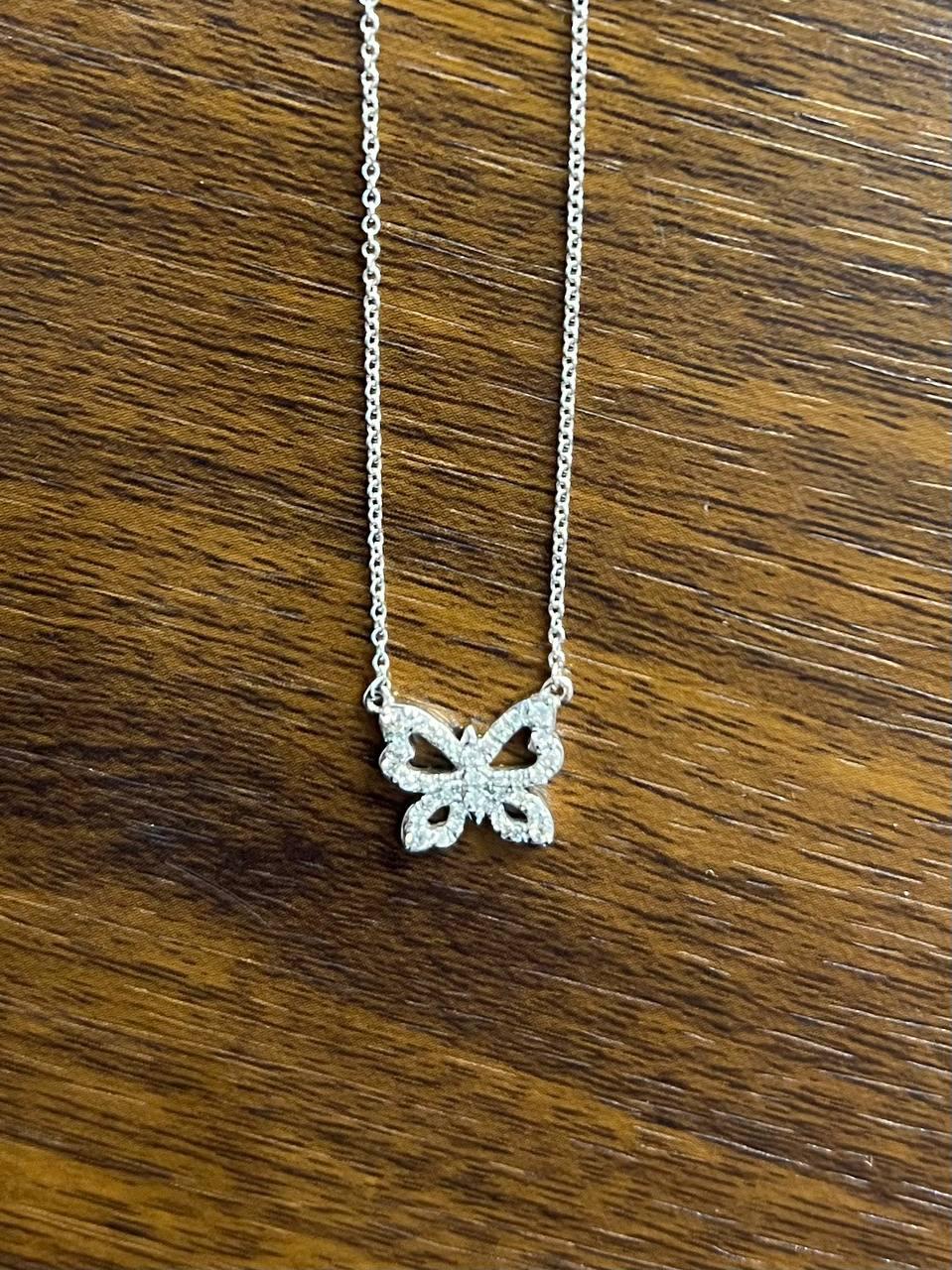 Butterfly Pave Set Diamonds Halo Motif 18K White Gold Pendant Chain Necklace