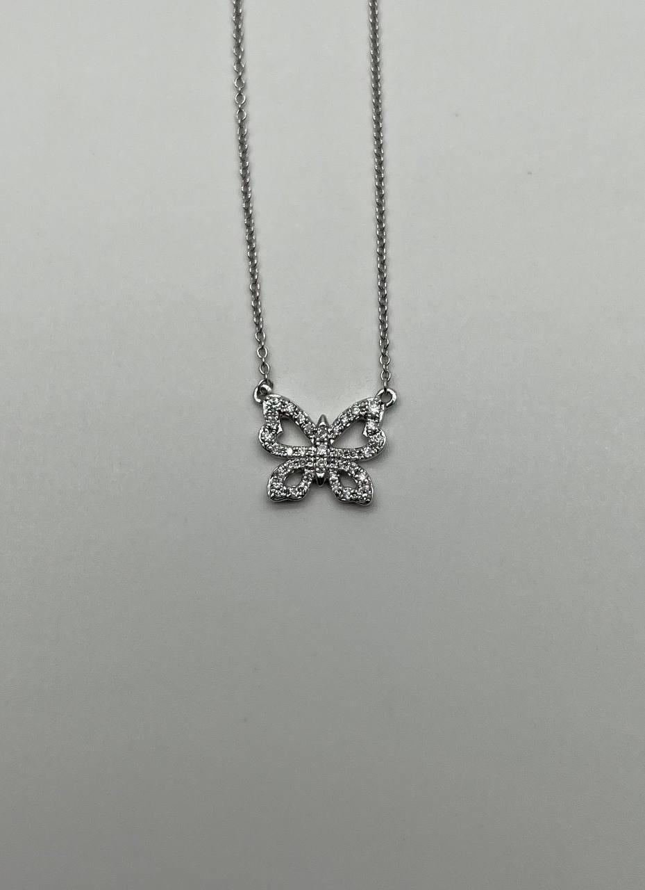 Butterfly Pave Set Diamonds Halo Motif 18K White Gold Pendant Chain Necklace