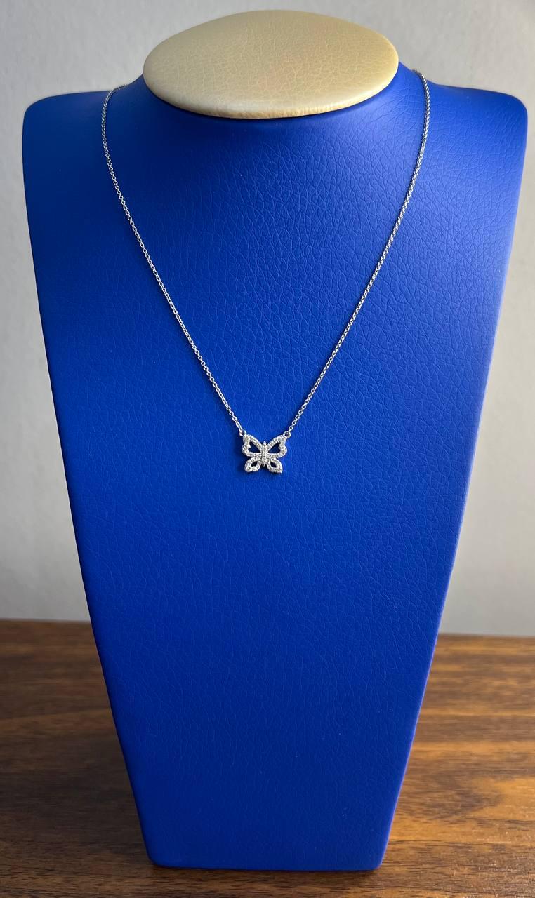 Butterfly Pave Set Diamonds Halo Motif 18K White Gold Pendant Chain Necklace