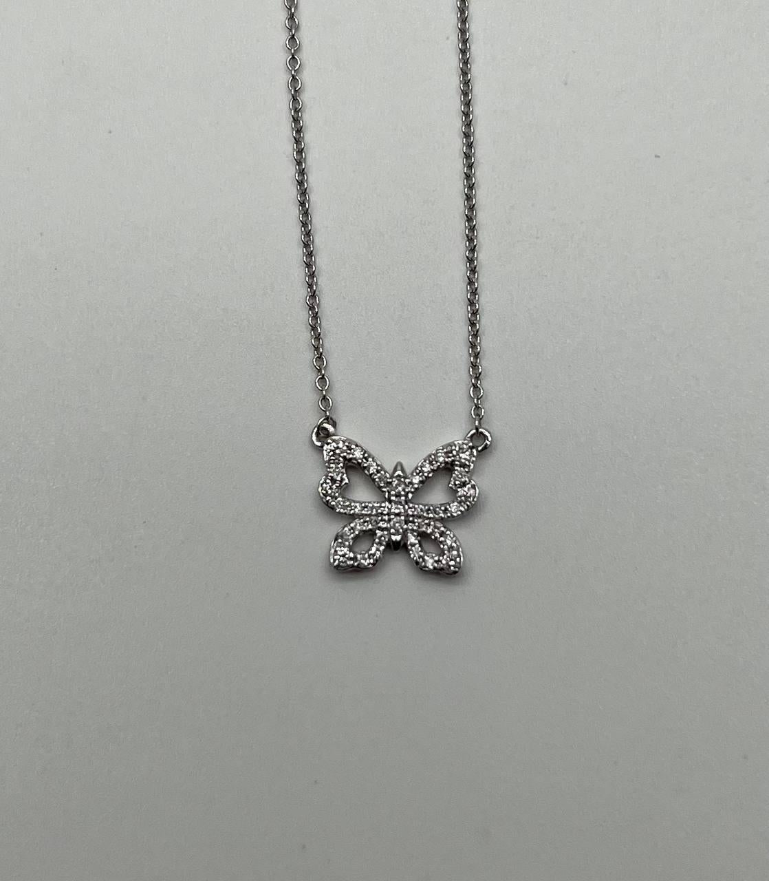 Butterfly Pave Set Diamonds Halo Motif 18K White Gold Pendant Chain Necklace