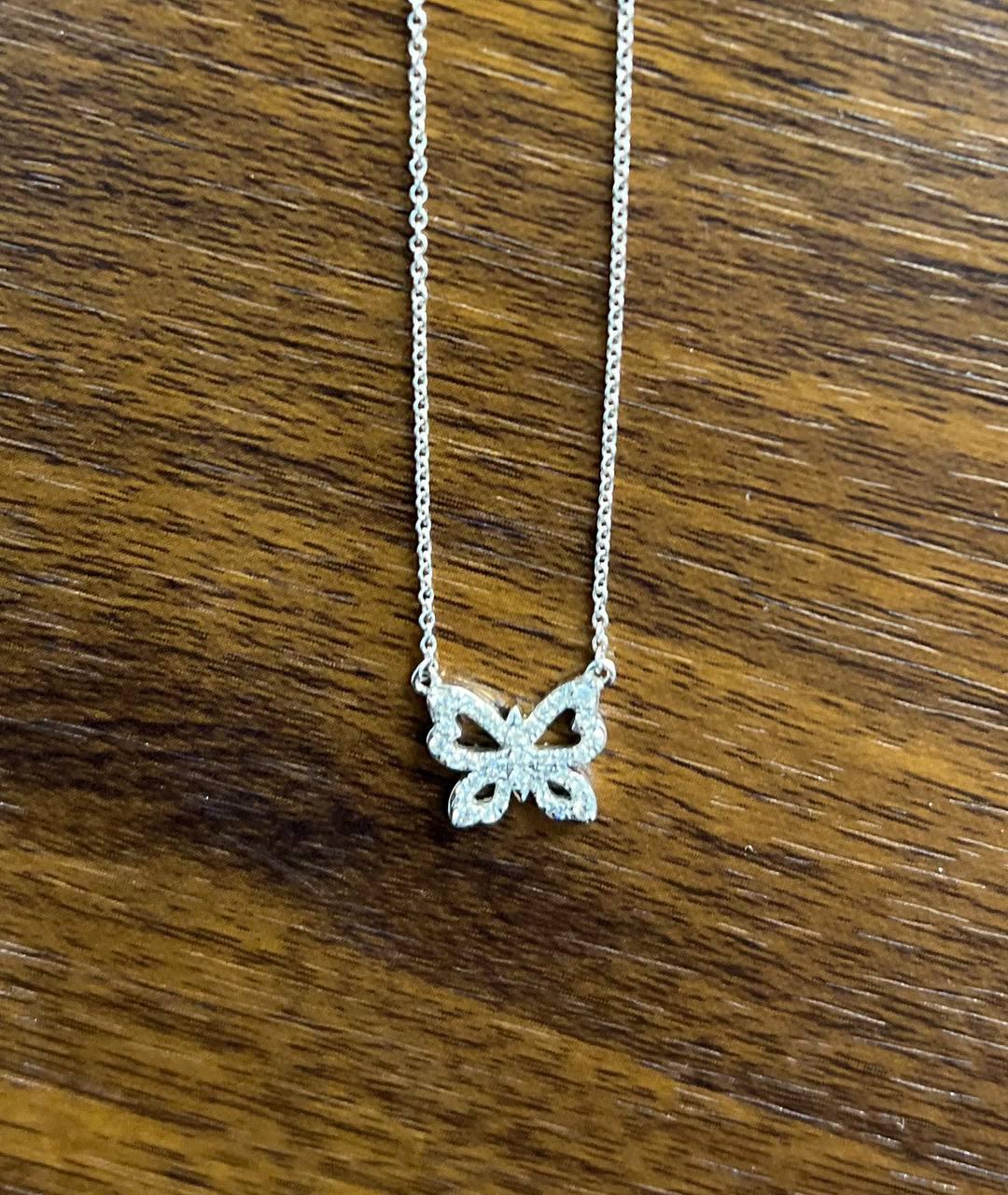 Butterfly Pave Set Diamonds Halo Motif 18K White Gold Pendant Chain Necklace