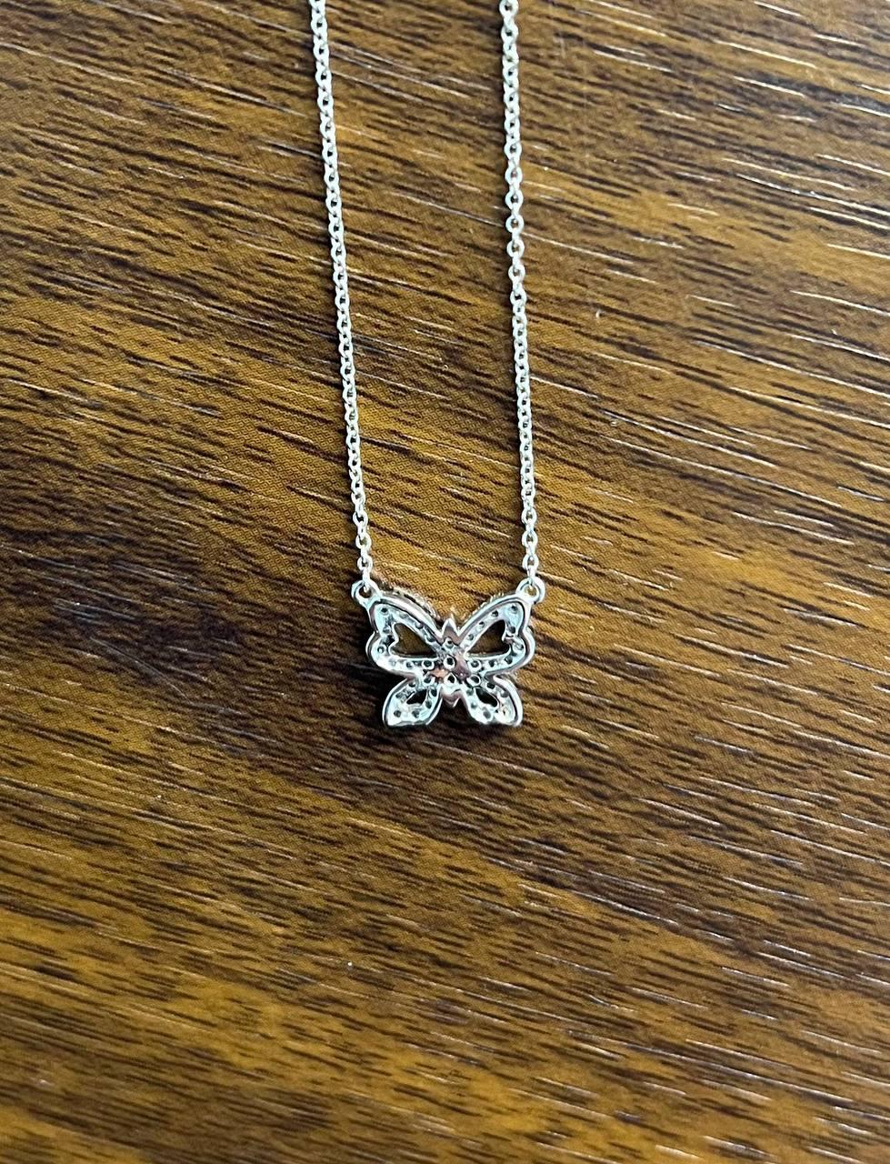 Butterfly Pave Set Diamonds Halo Motif 18K White Gold Pendant Chain Necklace