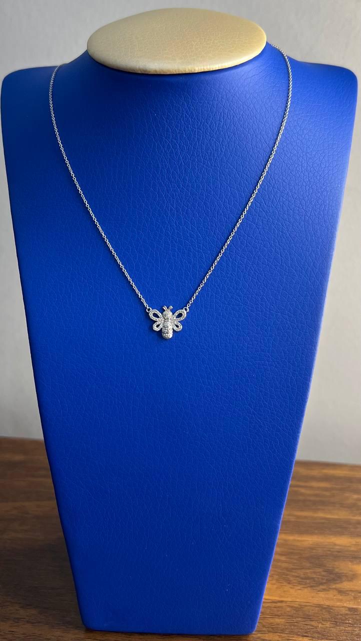 Honey Bee Symbol Diamonds Halo Motif 18K Karat White Gold Pendant Chain Necklace