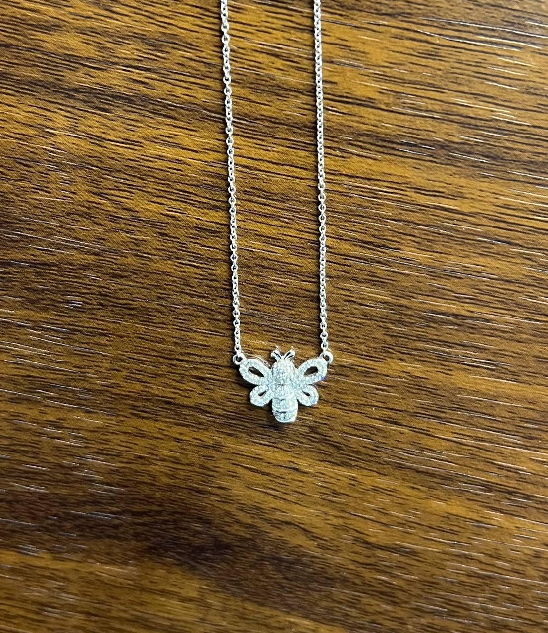 Honey Bee Symbol Diamonds Halo Motif 18K Karat White Gold Pendant Chain Necklace