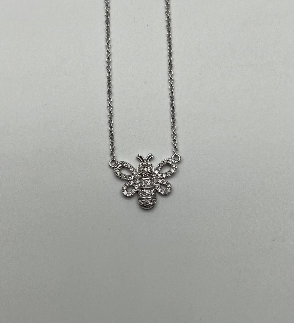Honey Bee Symbol Diamonds Halo Motif 18K Karat White Gold Pendant Chain Necklace