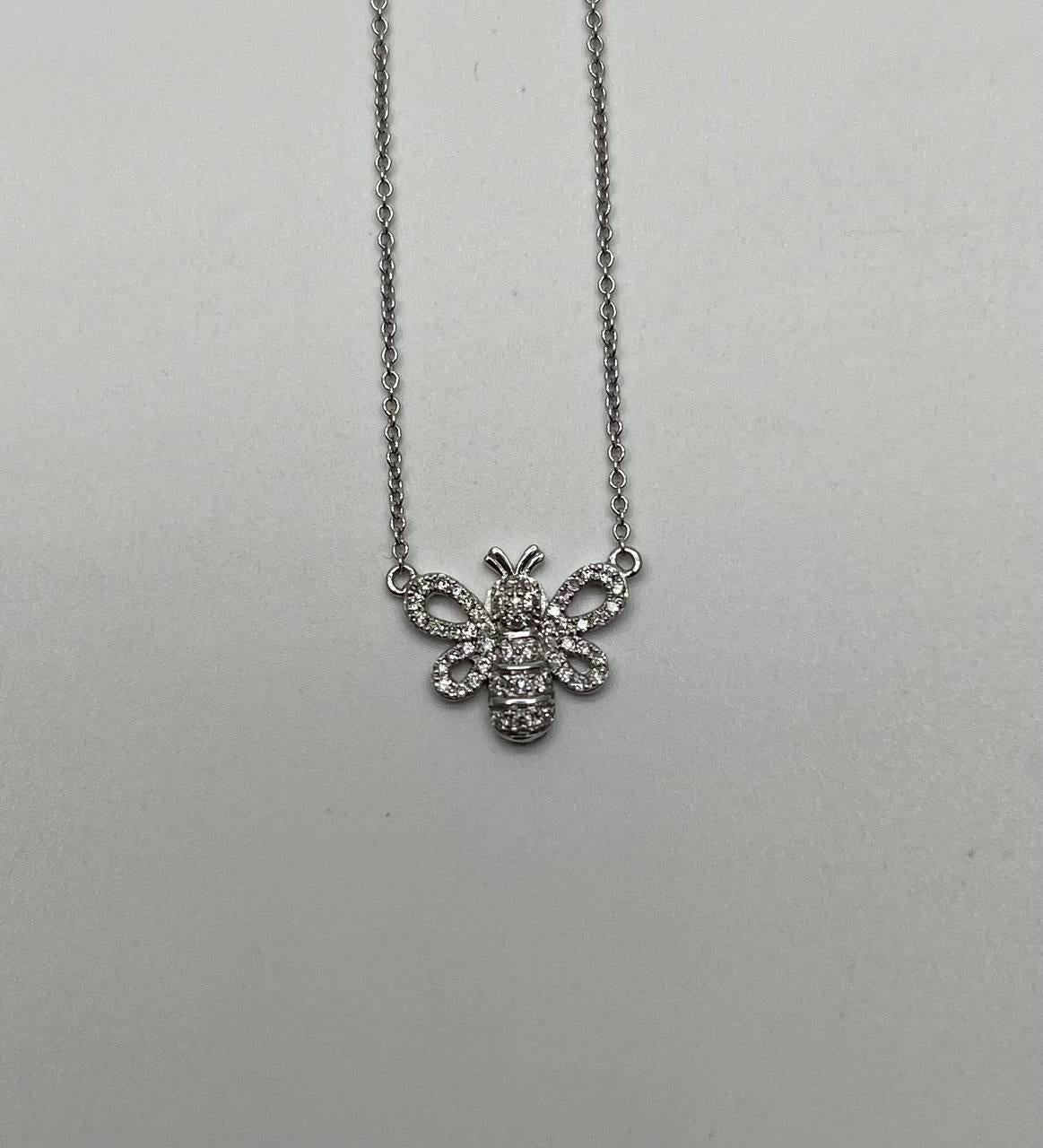 Honey Bee Symbol Diamonds Halo Motif 18K Karat White Gold Pendant Chain Necklace