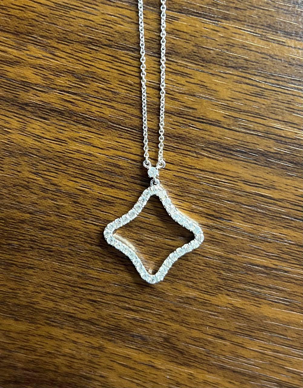 Clover Rhombus Diamonds Halo Motif 18K Karat White Gold Pendant Chain Necklace