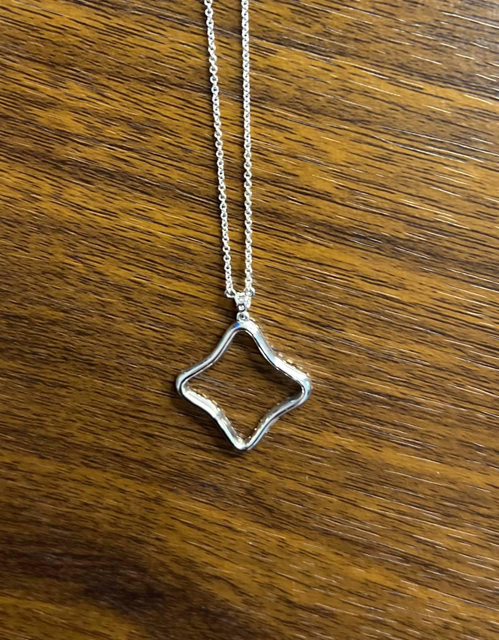 Clover Rhombus Diamonds Halo Motif 18K Karat White Gold Pendant Chain Necklace