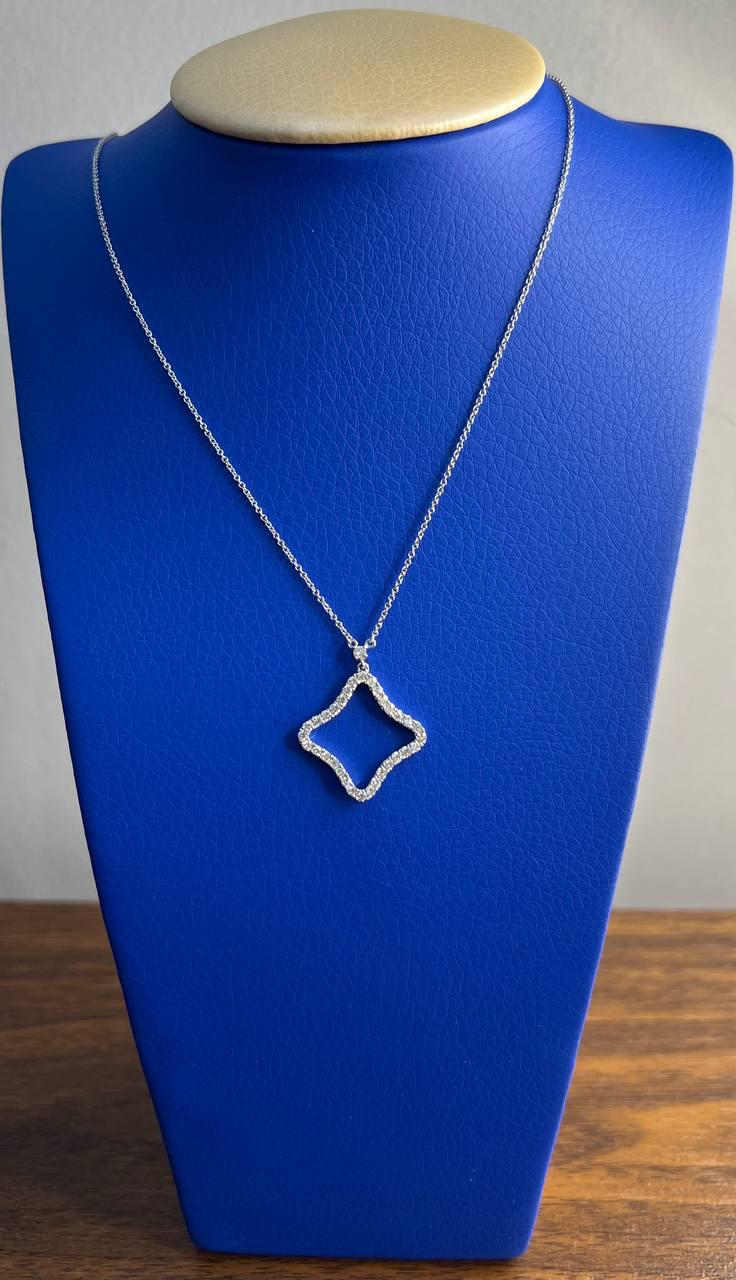 Clover Rhombus Diamonds Halo Motif 18K Karat White Gold Pendant Chain Necklace