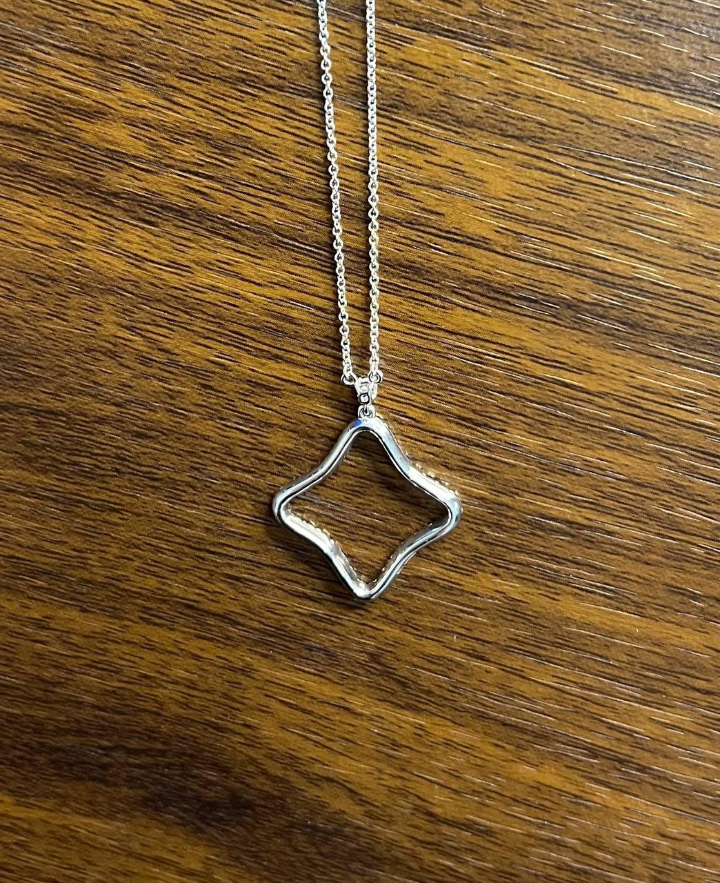 Clover Rhombus Diamonds Halo Motif 18K Karat White Gold Pendant Chain Necklace