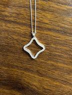 Clover Rhombus Diamonds Halo Motif 18K Karat White Gold Pendant Chain Necklace