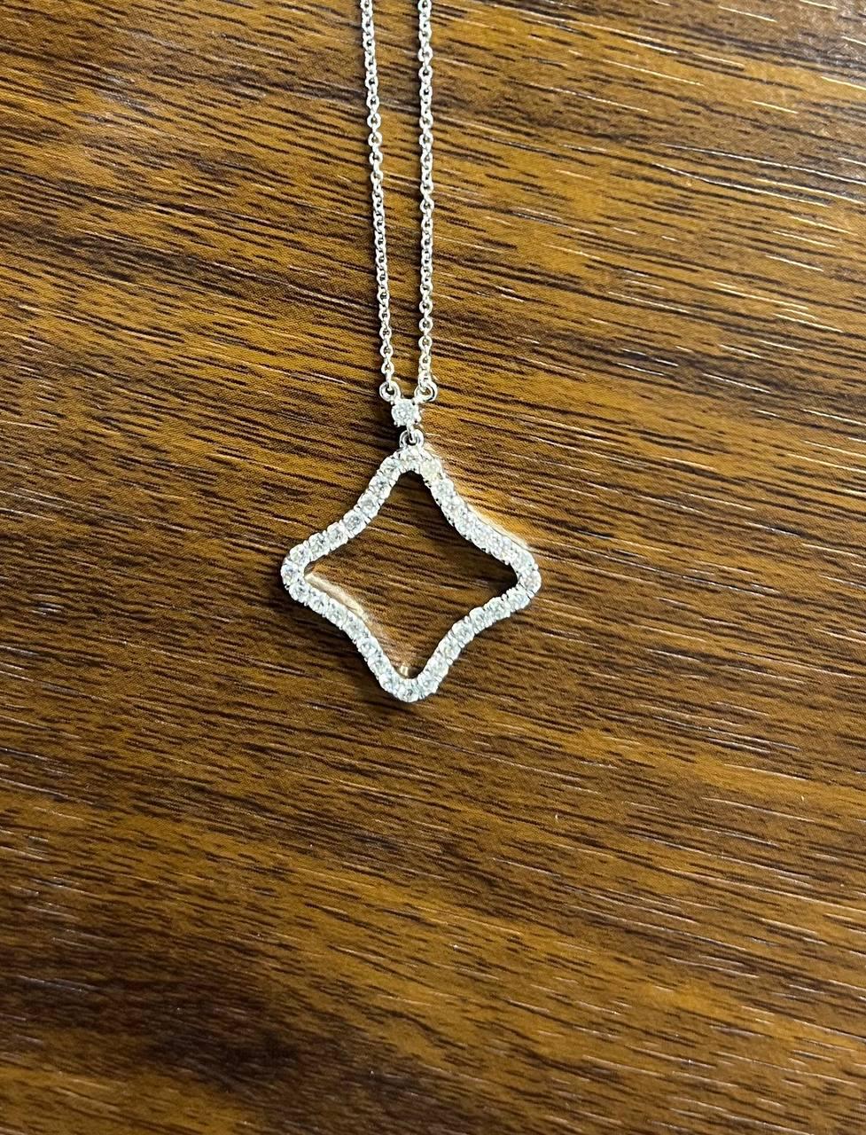 Clover Rhombus Diamonds Halo Motif 18K Karat White Gold Pendant Chain Necklace