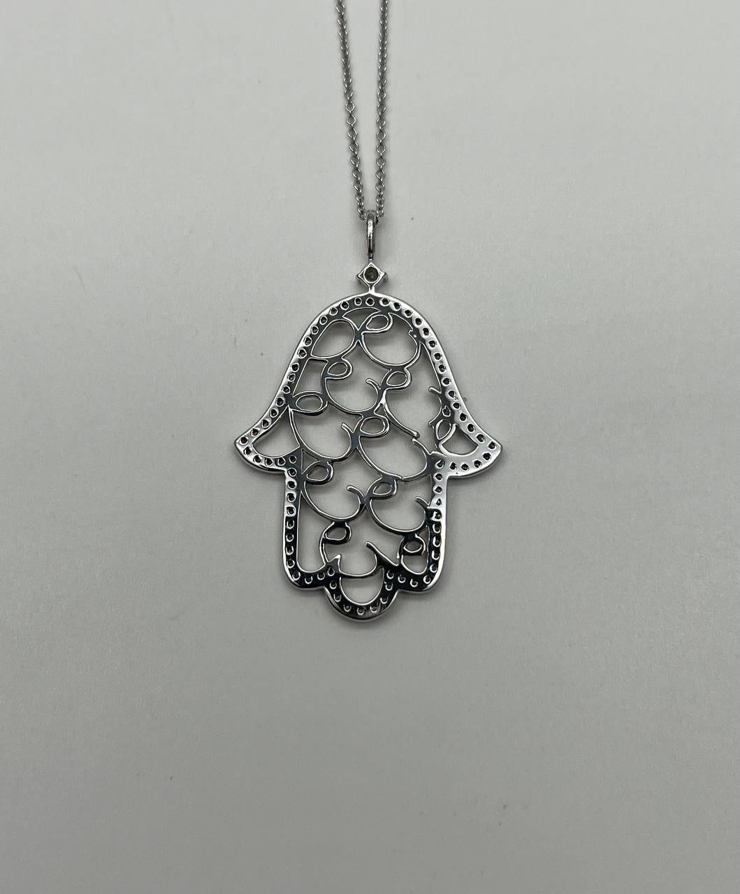 Hamsa Hand of Fatima Diamonds Halo Motif 18K White Gold Pendant Amulet Necklace