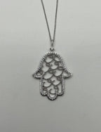 Hamsa Hand of Fatima Diamonds Halo Motif 18K White Gold Pendant Amulet Necklace