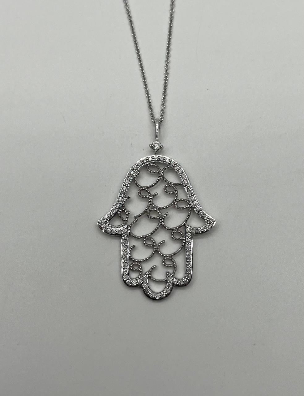 Hamsa Hand of Fatima Diamonds Halo Motif 18K White Gold Pendant Amulet Necklace