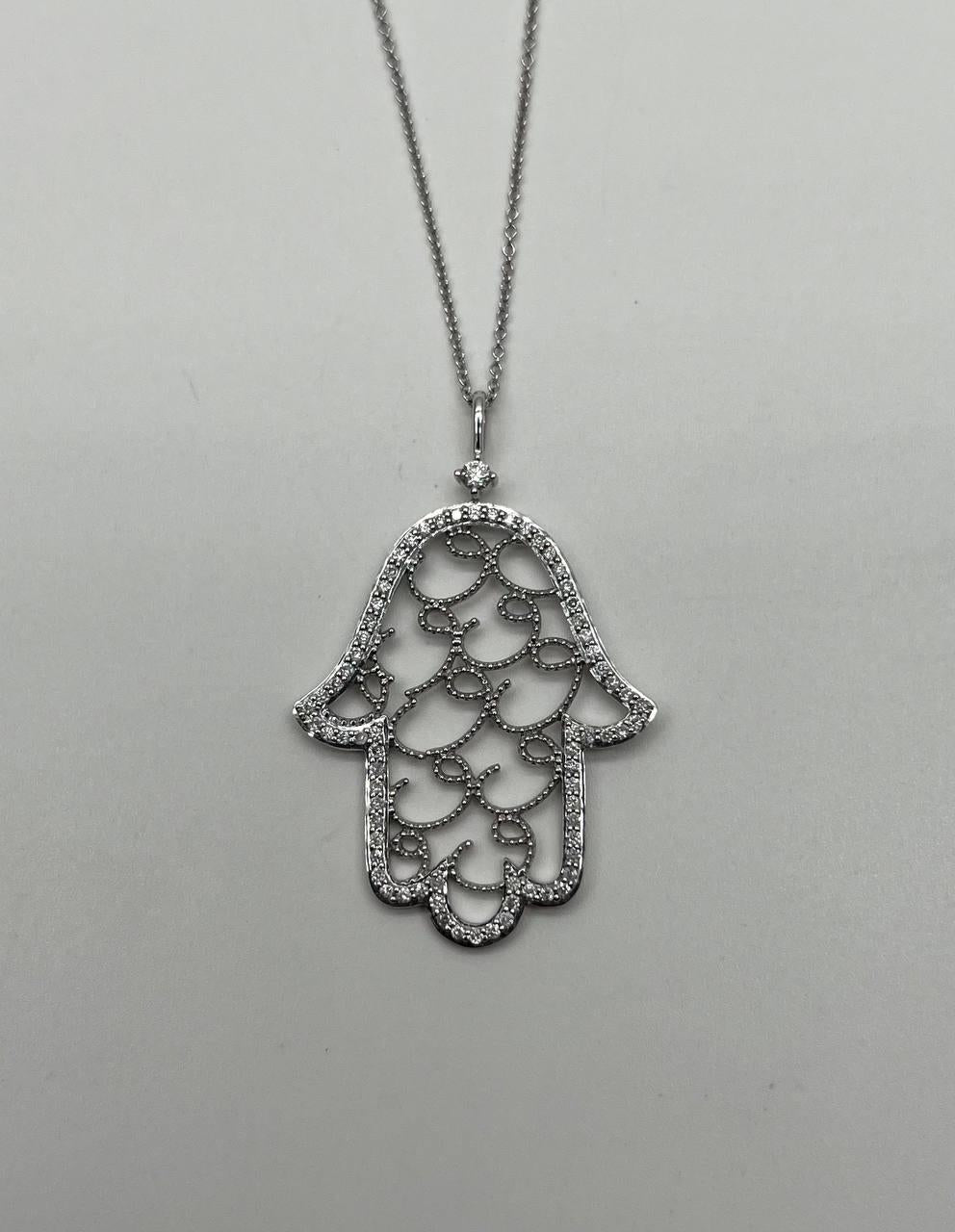 Hamsa Hand of Fatima Diamonds Halo Motif 18K White Gold Pendant Amulet Necklace