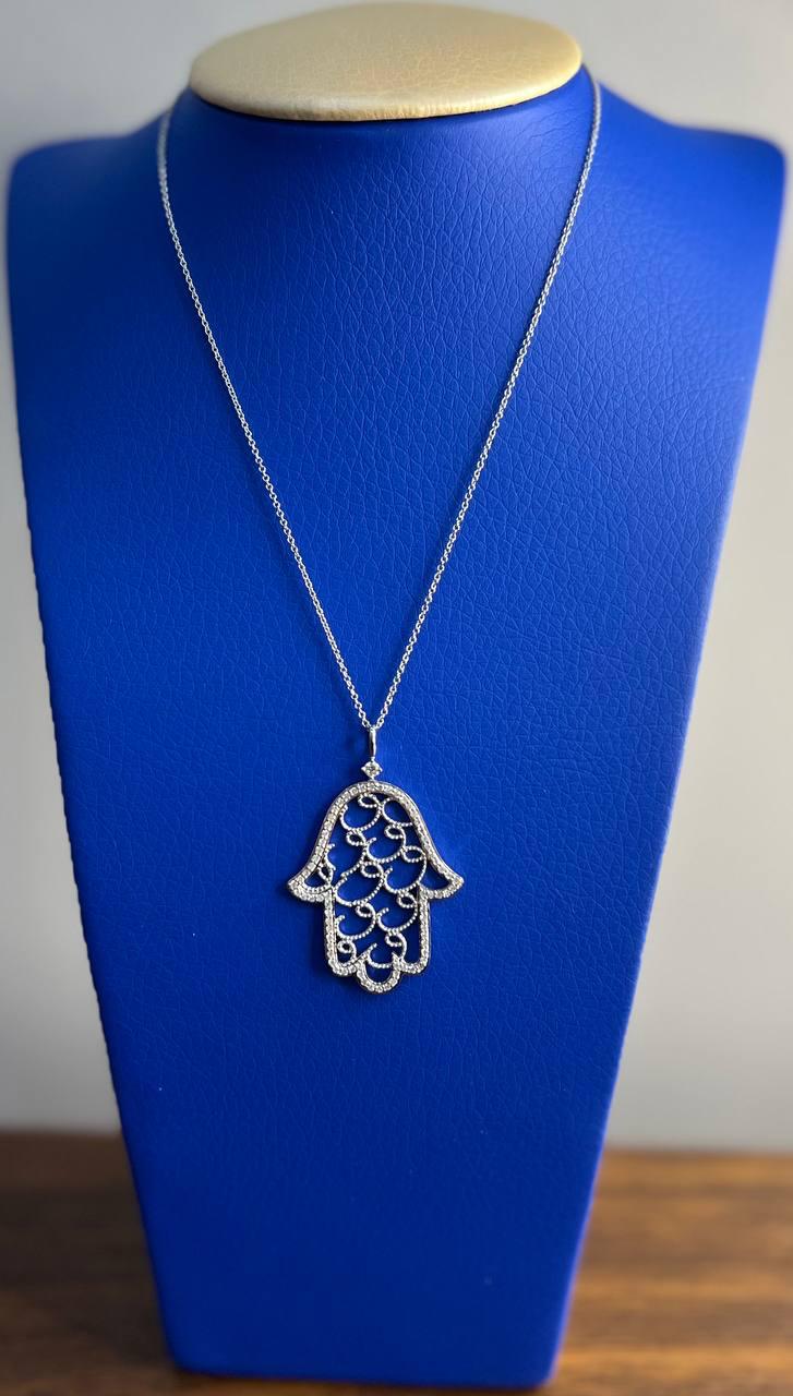 Hamsa Hand of Fatima Diamonds Halo Motif 18K White Gold Pendant Amulet Necklace