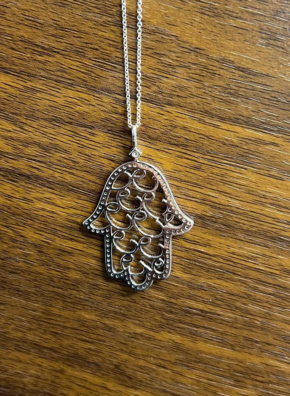 Hamsa Hand of Fatima Diamonds Halo Motif 18K White Gold Pendant Amulet Necklace