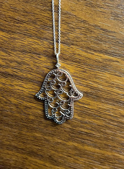 Hamsa Hand of Fatima Diamonds Halo Motif 18K White Gold Pendant Amulet Necklace