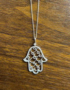 Hamsa Hand of Fatima Diamonds Halo Motif 18K White Gold Pendant Amulet Necklace