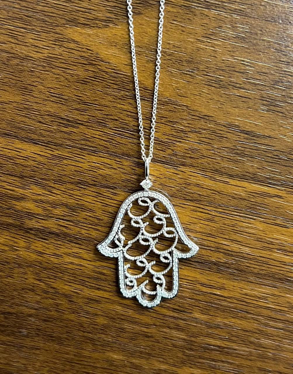 Hamsa Hand of Fatima Diamonds Halo Motif 18K White Gold Pendant Amulet Necklace