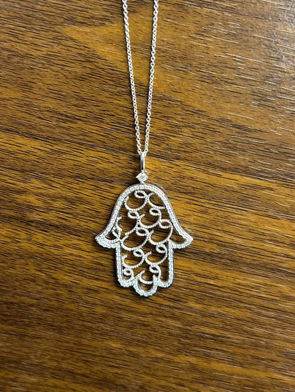 Hamsa Hand of Fatima Diamonds Halo Motif 18K White Gold Pendant Amulet Necklace