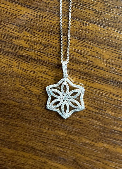 Diamond Halo Set Snowflake Symbol Motif 18K White Gold Pendant Chain Necklace